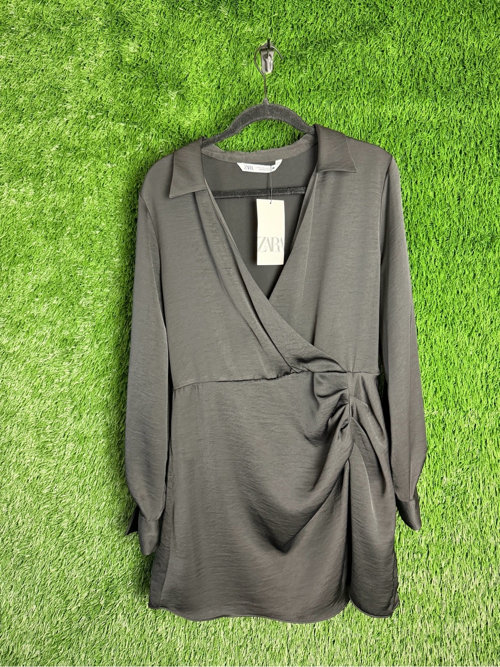 Zara Charcoal Gray Wrap-Front Long Sleeve Dress